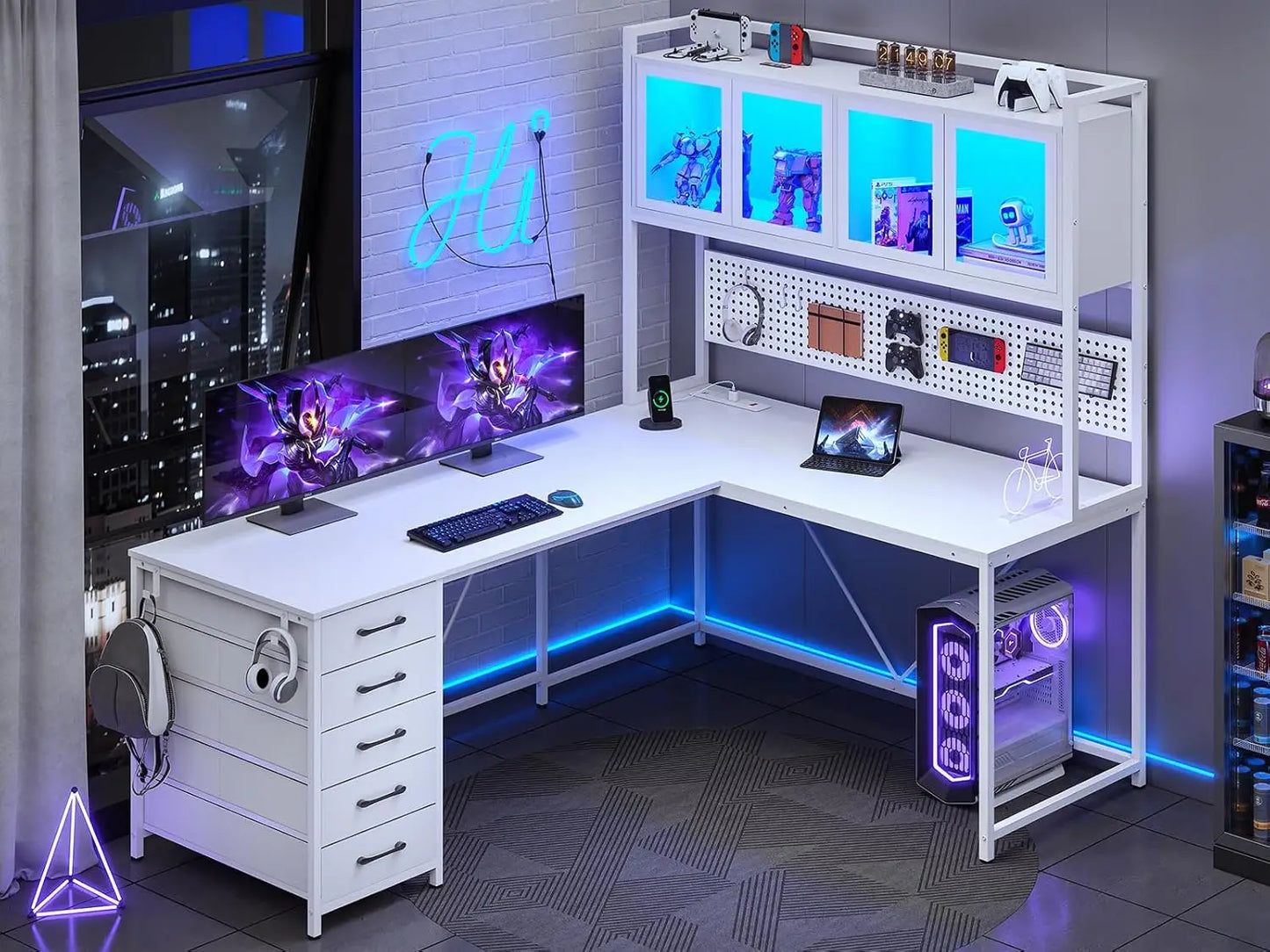 L Shaped Computer Desk with Hutch Storage Shelves LED Lights Power Outlet
