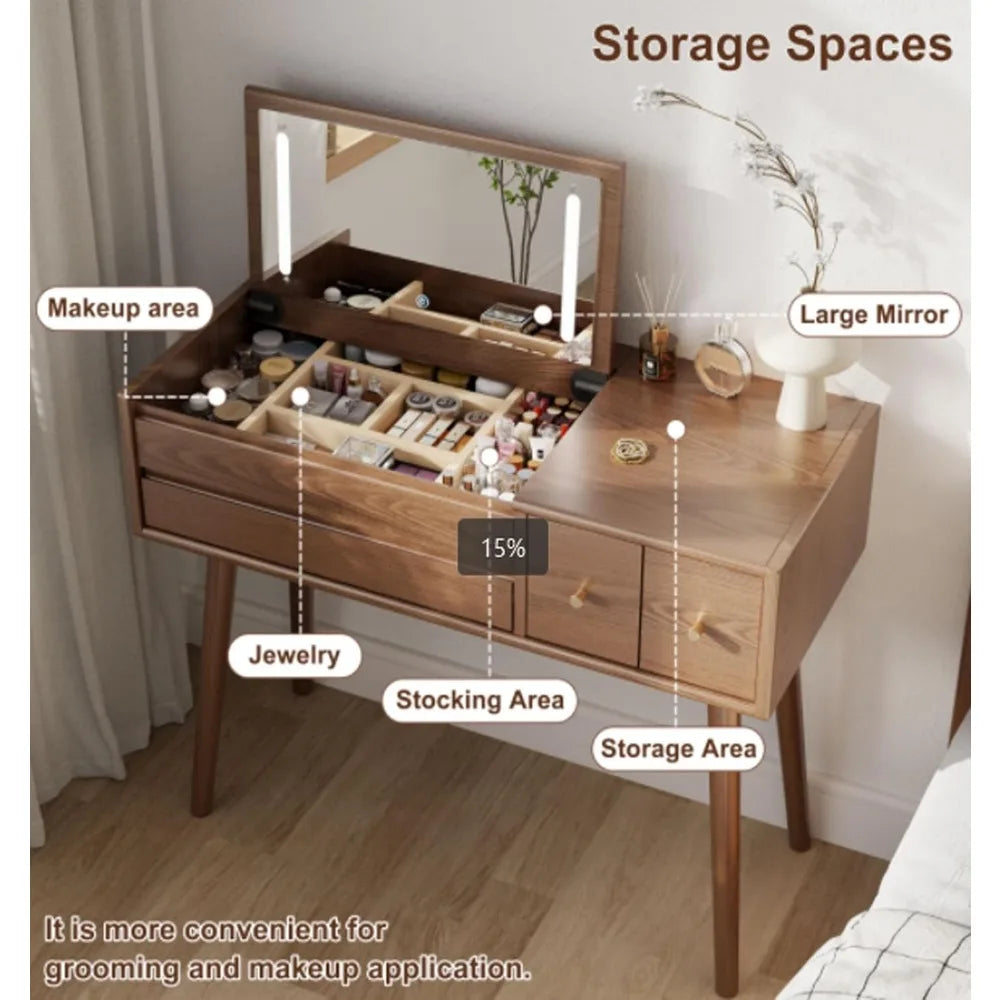 Makeup Vanity Desk with Mirror 3 Lighting Modes Solid Wood 4 Drawers