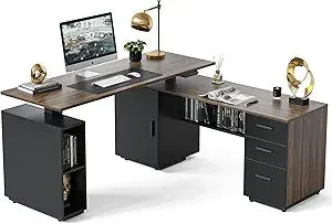 Electric Standing Desk Adjustable Height L-Shaped Executive Desk With Storage