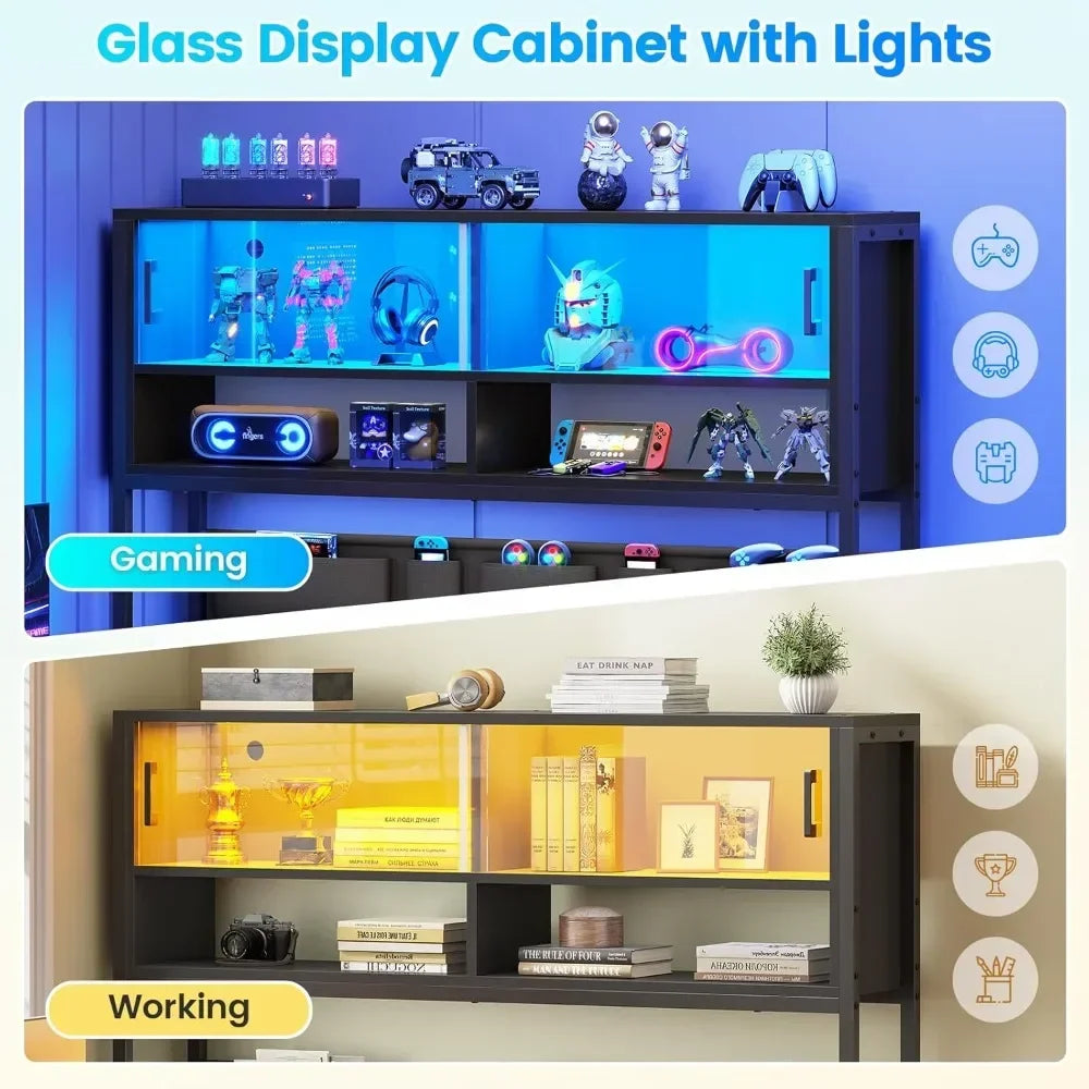 L Shaped Gaming Desk with LED Light and Storage for Home Office