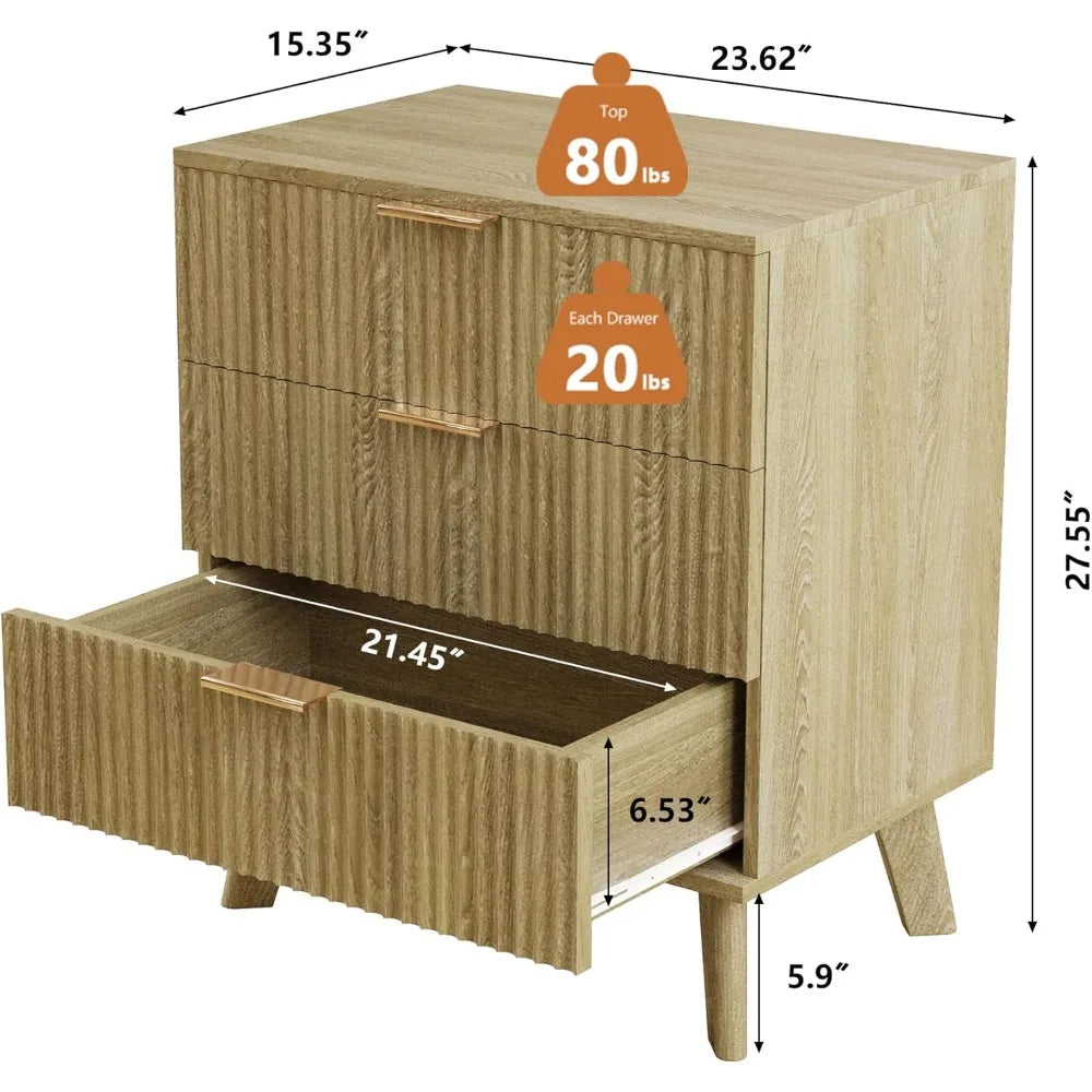 Mid Century Modern 3 Drawer Dresser Nightstand Storage Cabinet Set of 2