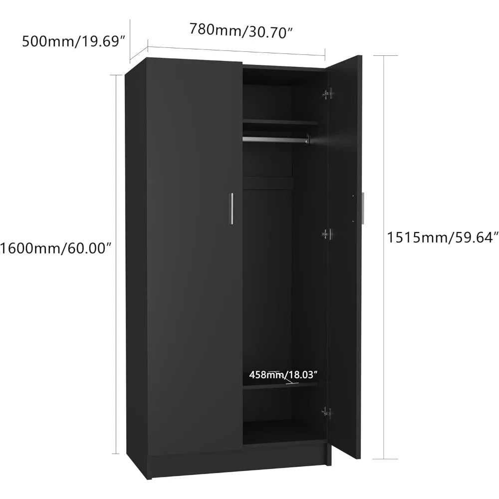 2 Door Wood Wardrobe Cabinet Closet with Hanging Rail and 2 Shelves, Bedroom Armoire for Storage