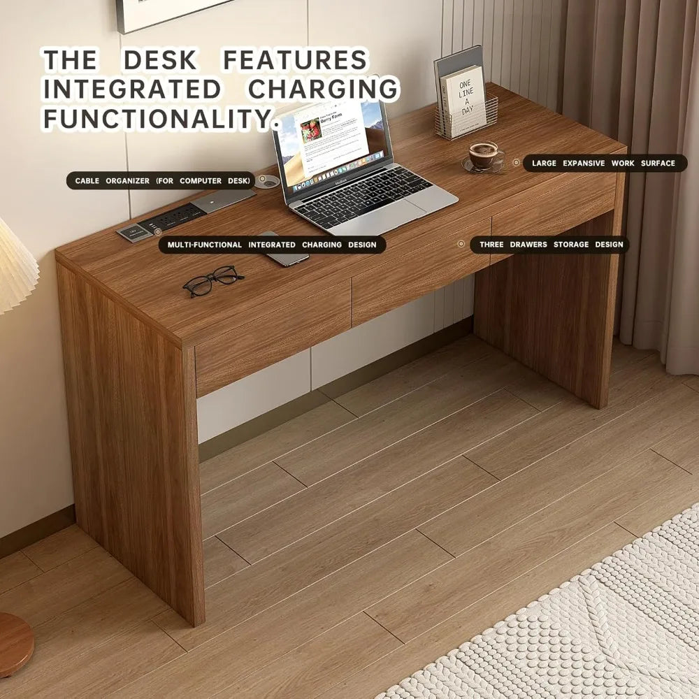 55 Inch Office Desk with Built-In USB Outlet and 3 Drawers for Home Office