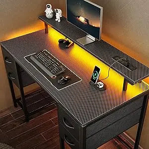55 Inch Computer Desk with Drawers LED Lights Power Outlets Gaming Desk