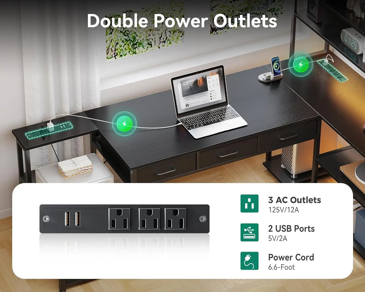 L Shaped Gaming Desk with File Drawers Power Outlets LED Lights