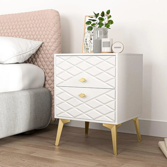 Modern White Nightstand Bedside Table with Gold Handles and Legs