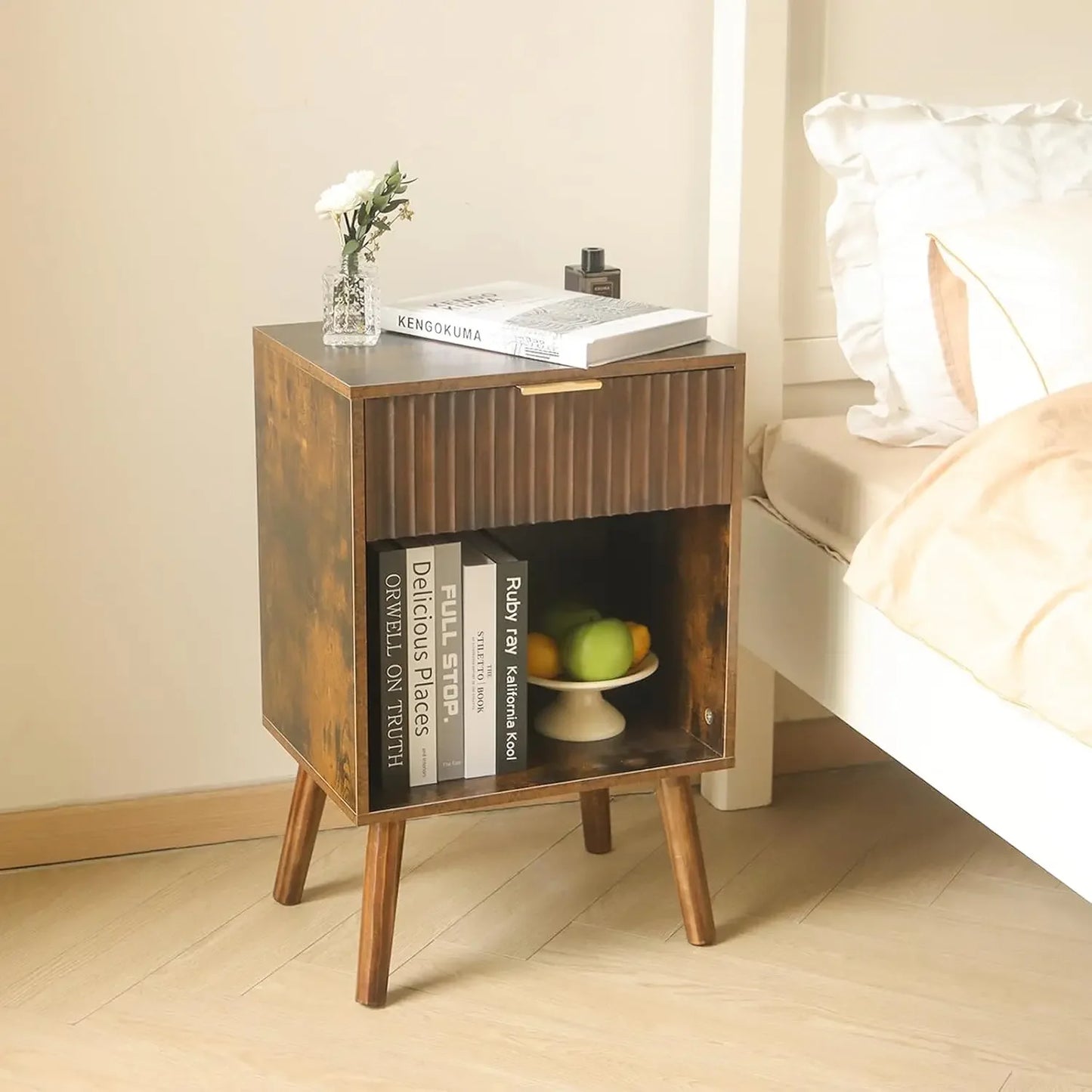 Modern Nightstand Wooden Bedside Table Storage Fluted End Table