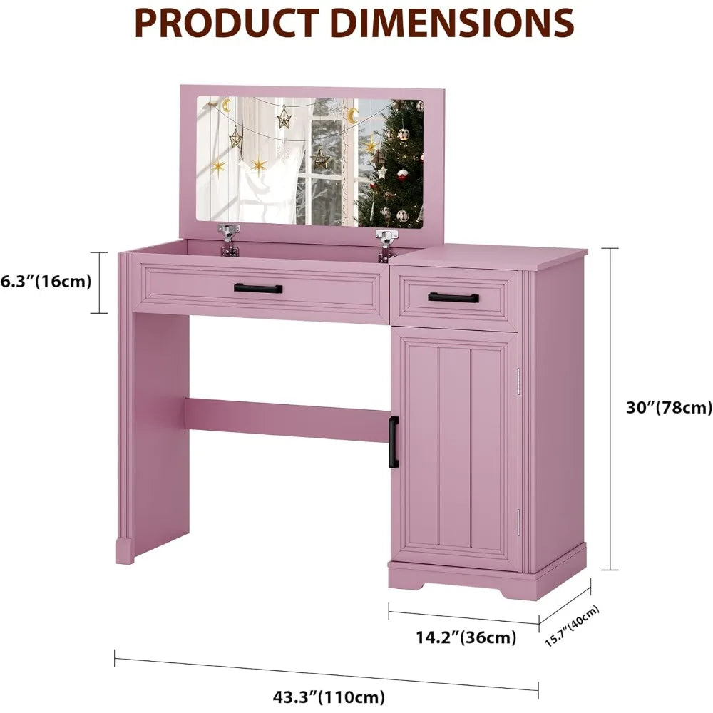 Farmhouse Vanity with Flip Mirror and Storage Cabinet for Bedroom