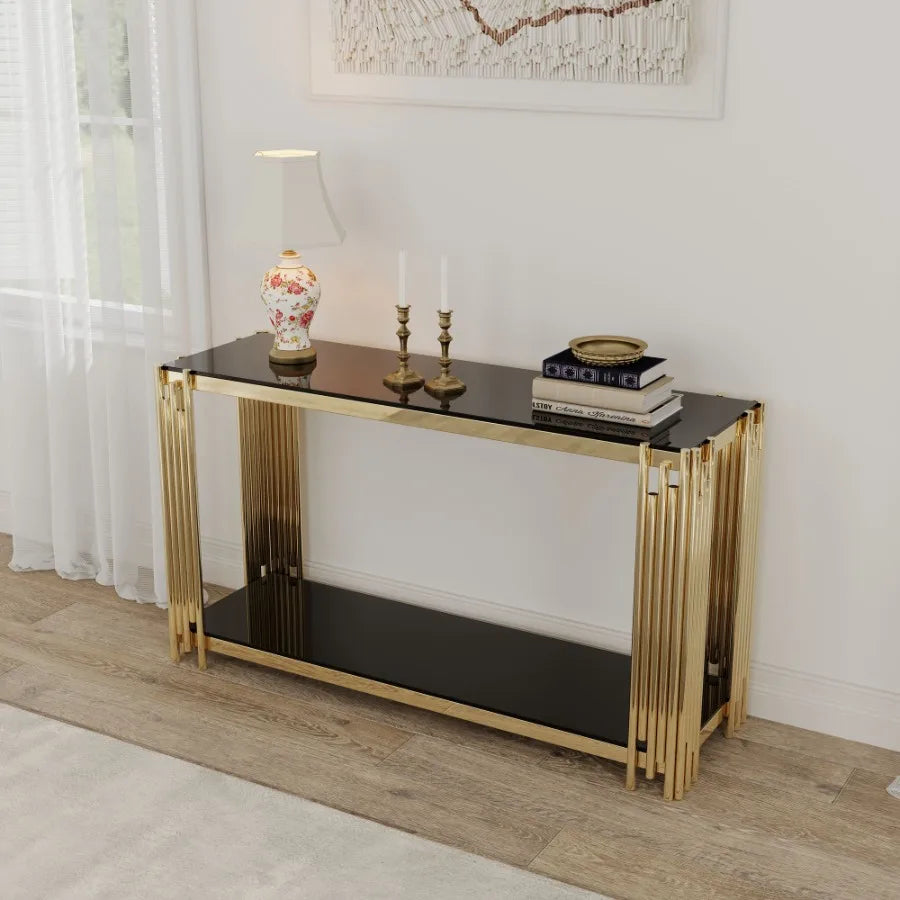 Modern Glass Console Table 55 Inch Gold Metal Frame for Living Room Entryway