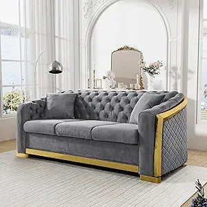 Ljustra Mid Century Modern Chesterfield Sofa Blue Gold Velvet Couch