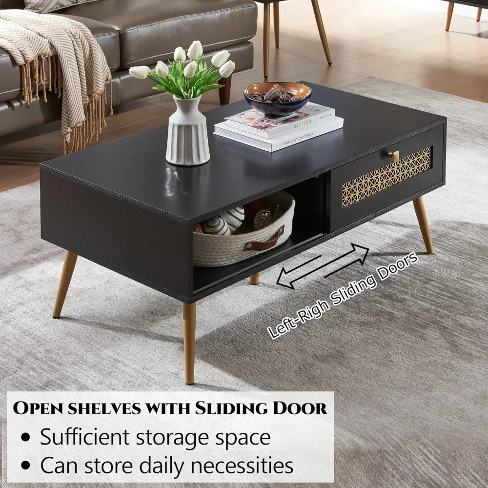 Wooden Mid Century Modern Coffee Table with Sliding Door for Living Room