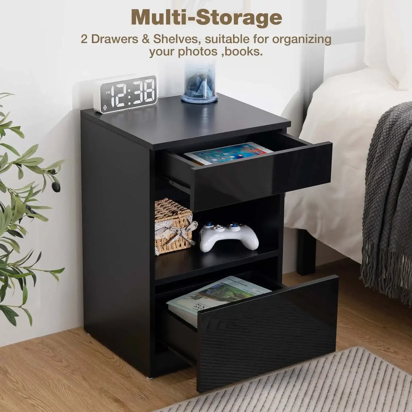 Modern Nightstand 2 Drawer Open Shelf Bedside Table High Gloss Storage