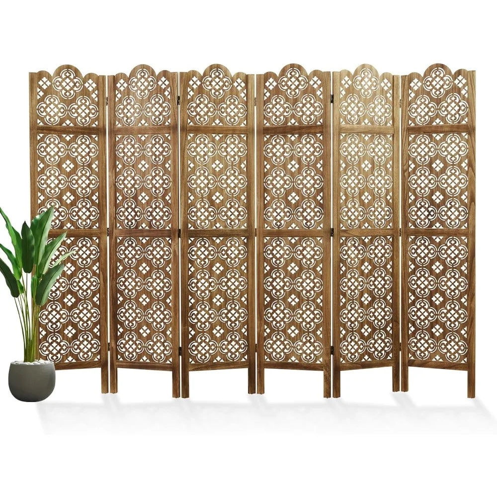 68.9Inch Folding Room Divider 6 Panels Wood Carved Privacy Screen Decor