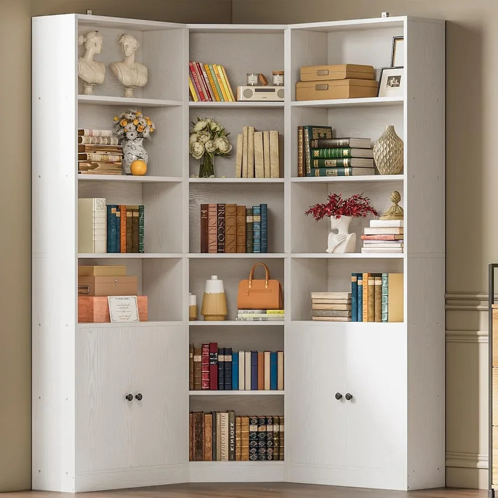 Ljustra Corner Bookshelf with 7 Adjustable Shelves and Storage Cabinets
