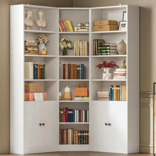 Ljustra Corner Bookshelf with 7 Adjustable Shelves and Storage Cabinets
