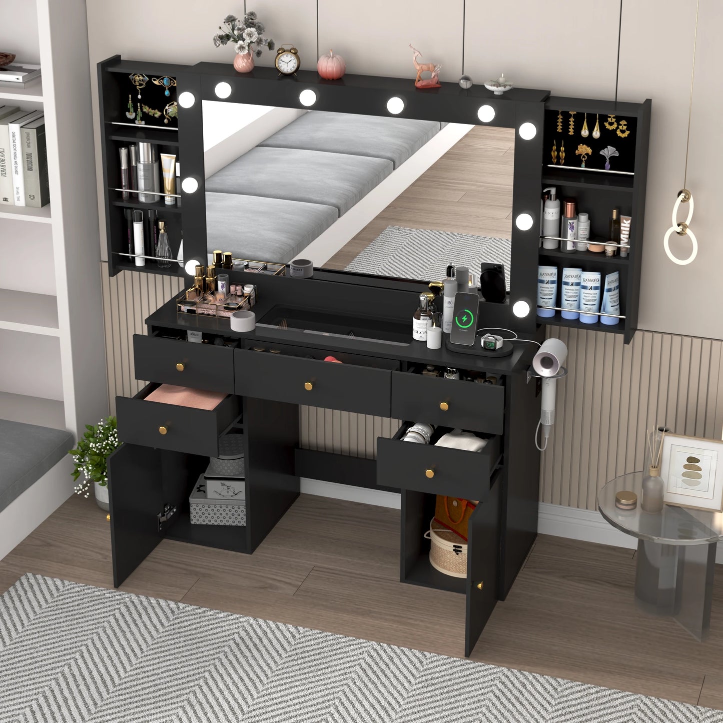 Vanity Desk with Lighted Mirror Charging Station & Storage Set