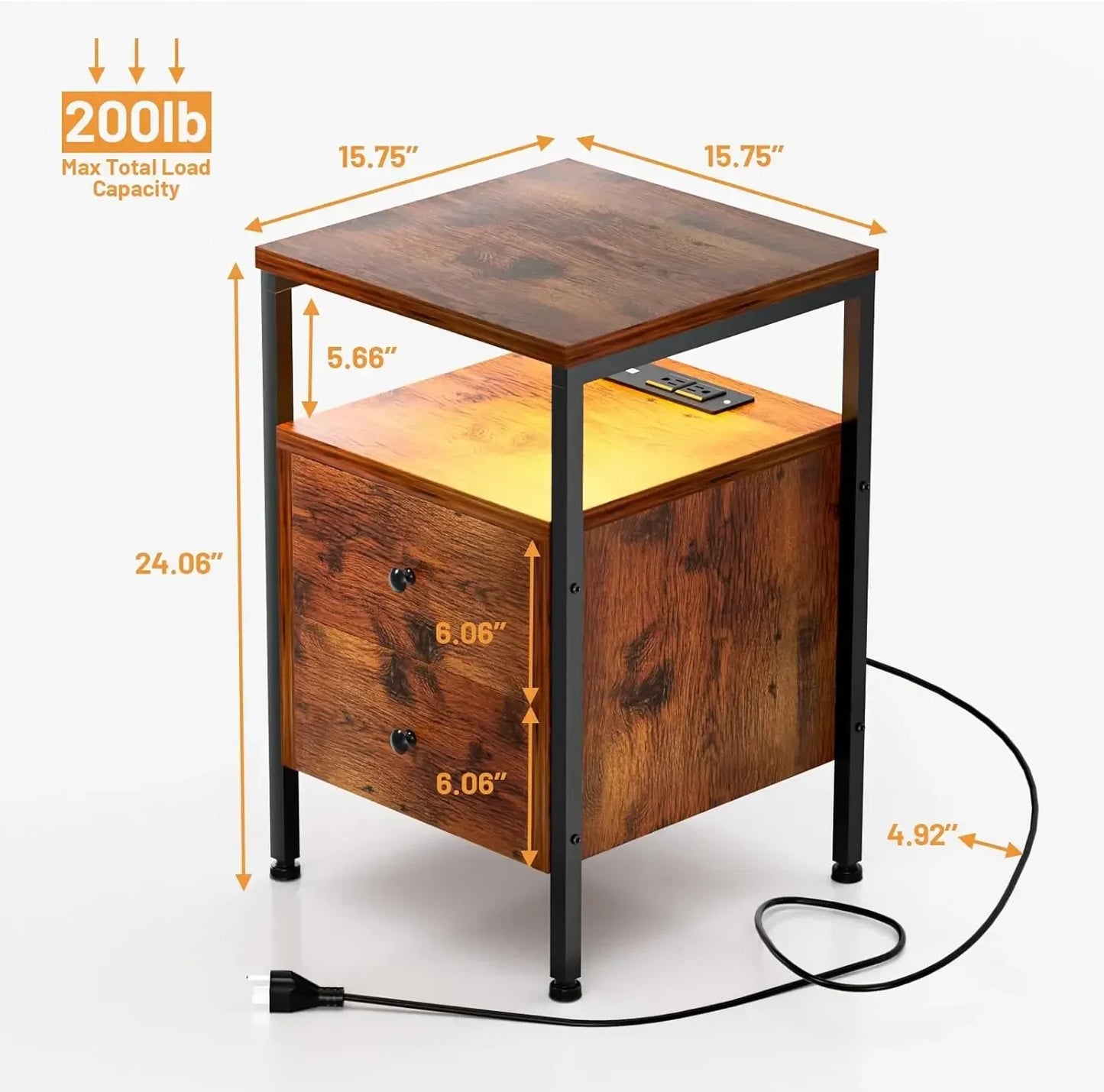 Nightstand with LED Light Charging Station 2 Drawers Rustic Wood Table