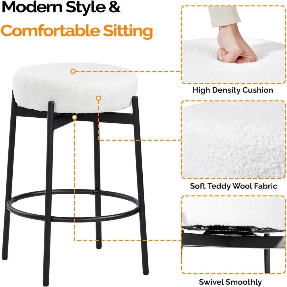 Swivel Round Barstools 24" Teddy Wool Upholstered Set of 2