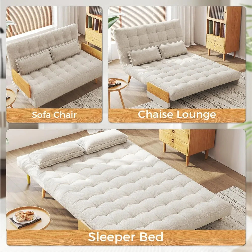 Convertible Sleeper Chair Bed 3-in-1 Futon Sofa w/ Arms & Pillow Linen Couch