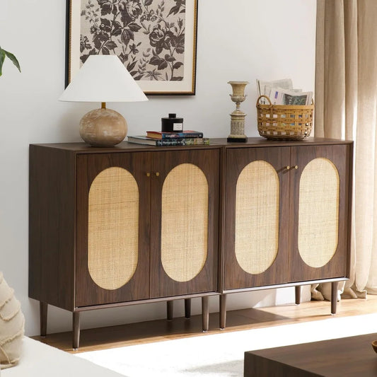 Rattan Storage Cabinet Set of 2 Modern Buffet Sideboard Kitchen Living Room