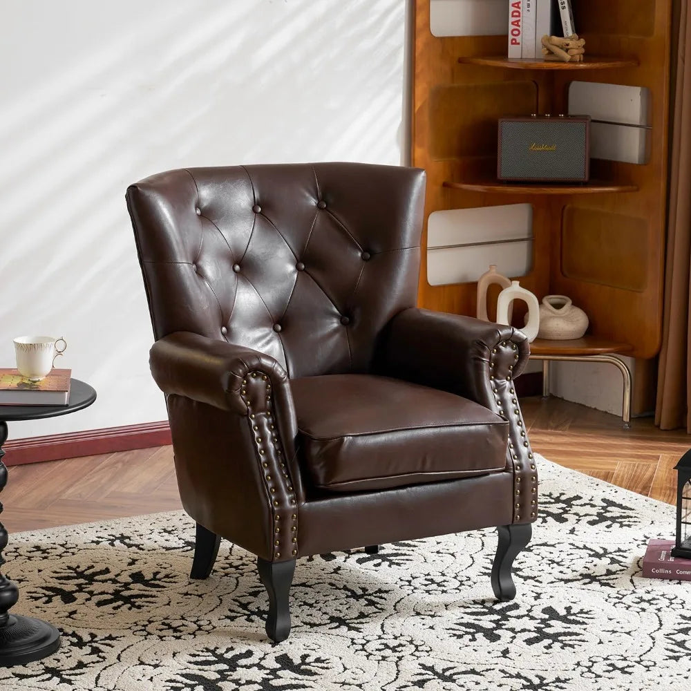 PU Leather Accent Chair Mid Century Modern Wing Back Club Chair