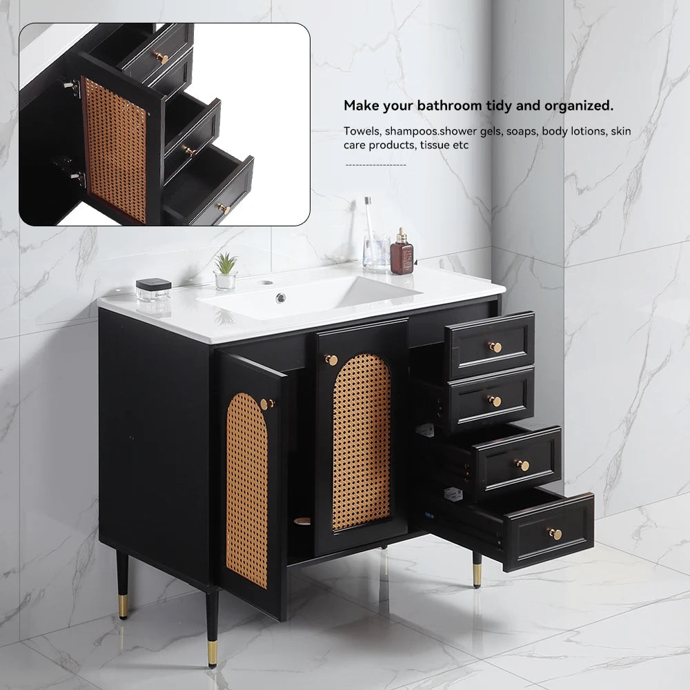 36 Inch Bathroom Vanity with Ceramic Basin Rattan Storage Cabinet