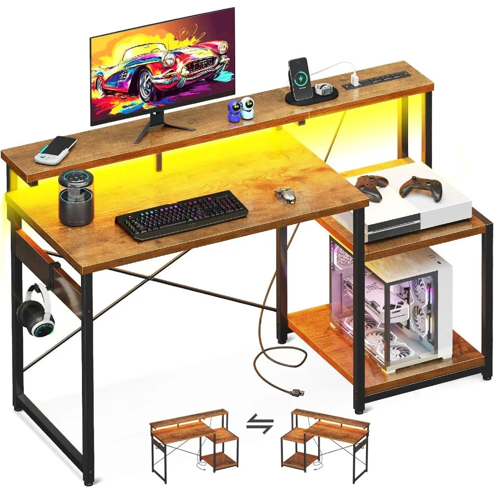 48 Inch Computer Desk Gaming Desk with LED Lights Power Outlet Shelves