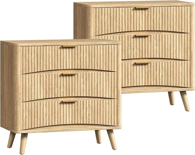 Large Fluted Nightstands Set of 2 3-Drawer Wood Bedside Table