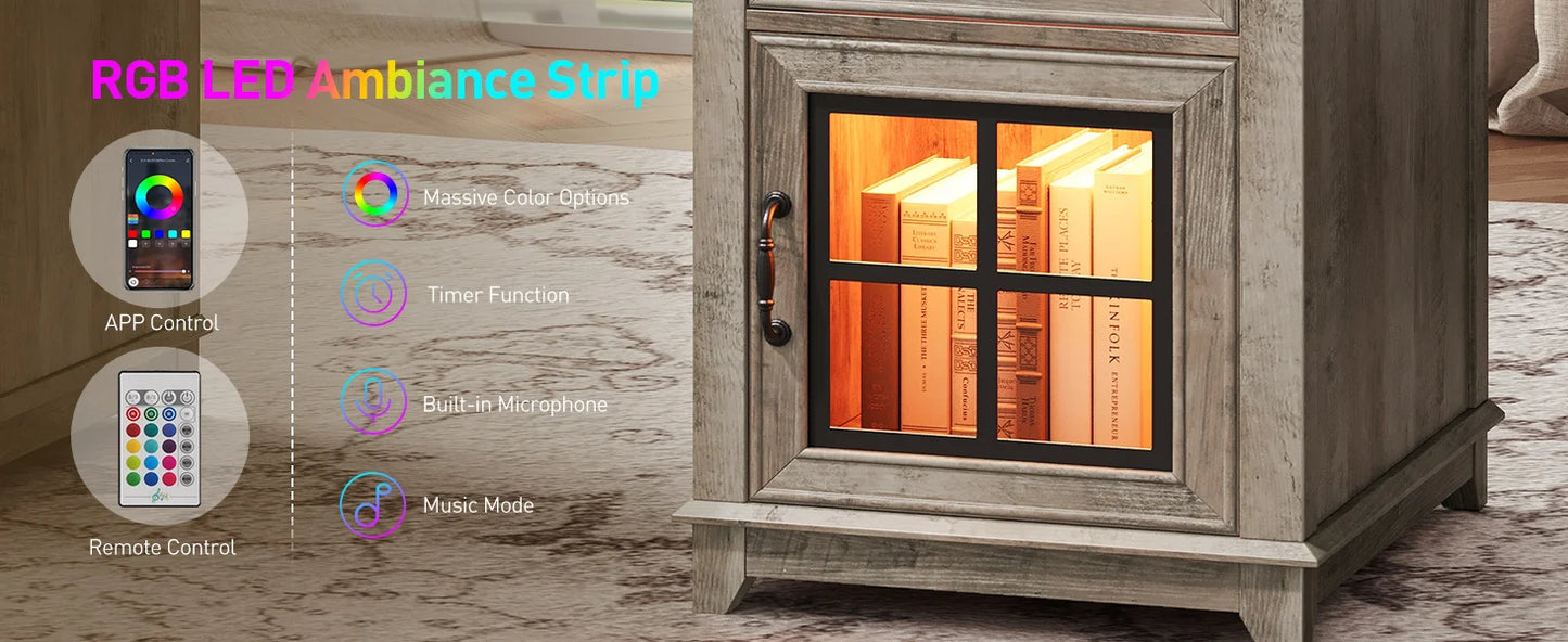 58 Inch Farmhouse Wooden Desk with Power Outlets and LED Light