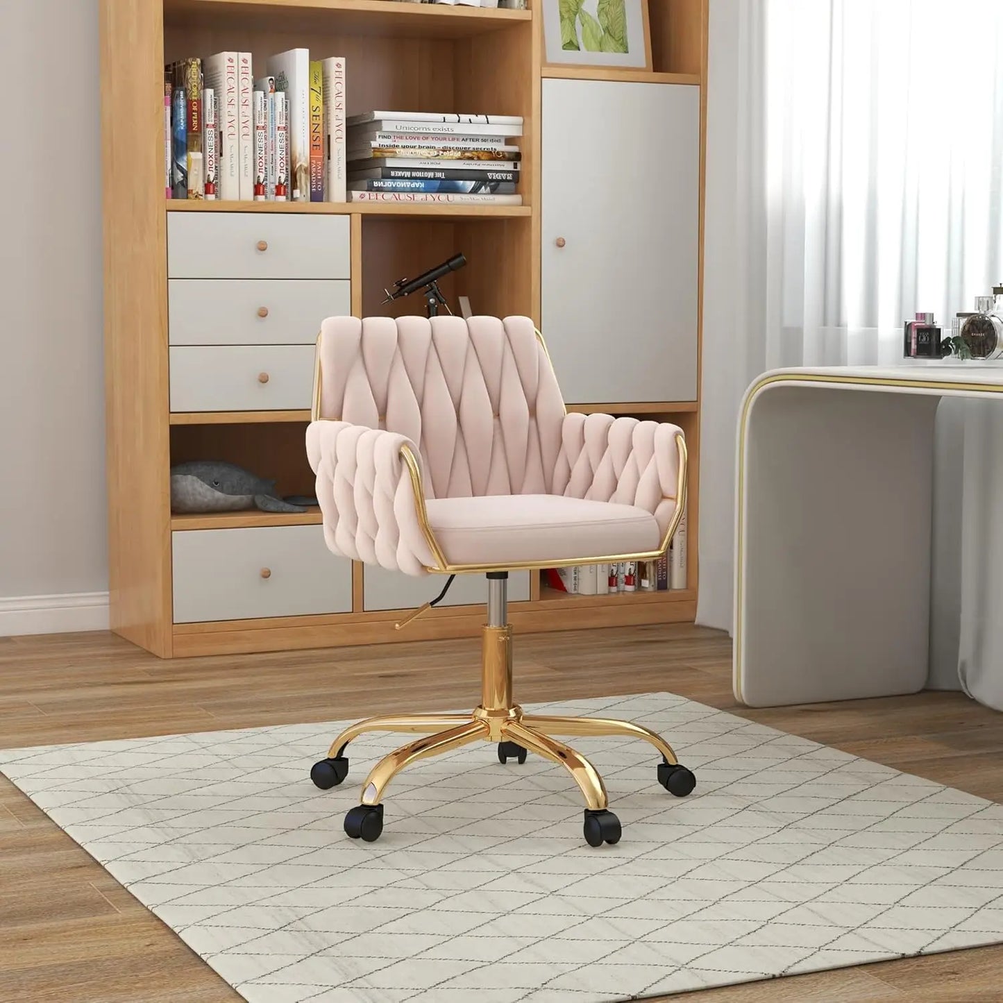 Velvet Home Office Chair Adjustable Swivel Makeup Chair Golden Base