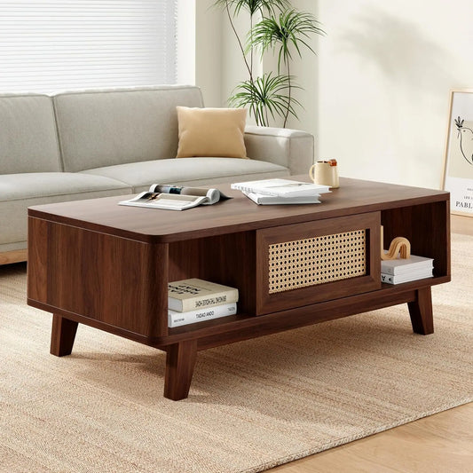 Mid Century Modern Coffee Table with Rattan Drawer for Living Room