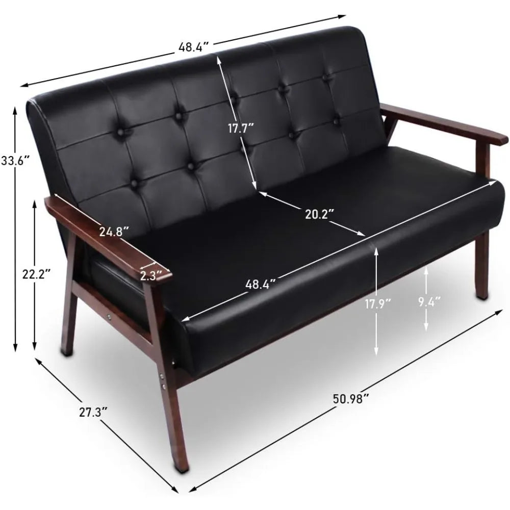 Mid-Century Faux Leather 2-Seater Loveseat Sofa Black Wood Frame Couch Apartment