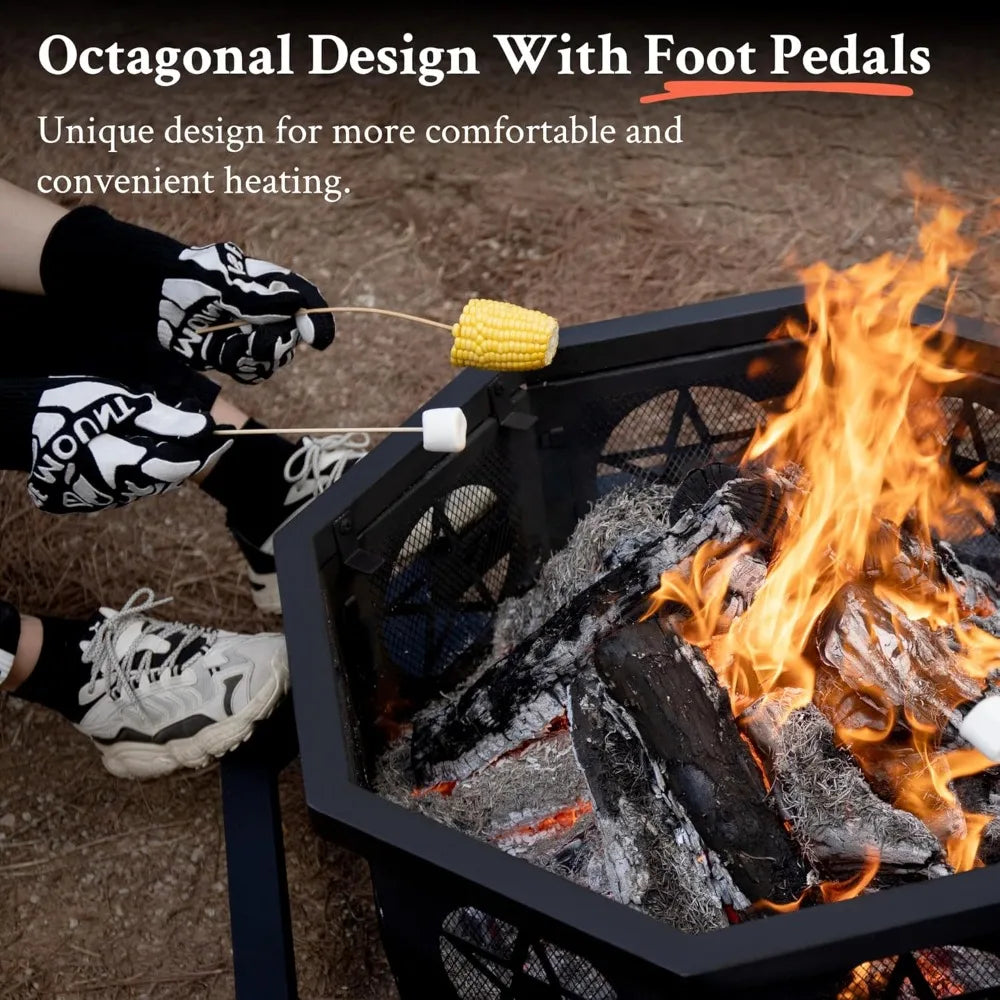 Ljustra 35 Inch Octagonal Fire Pit with Grill Outdoor Wood Burning