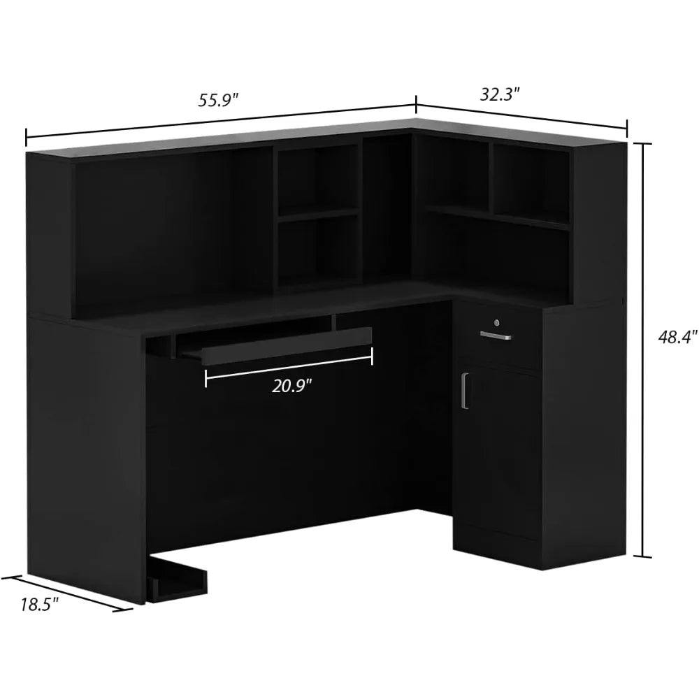 L-Shape Reception Desk with Open Shelf and Drawers Wooden Office Table