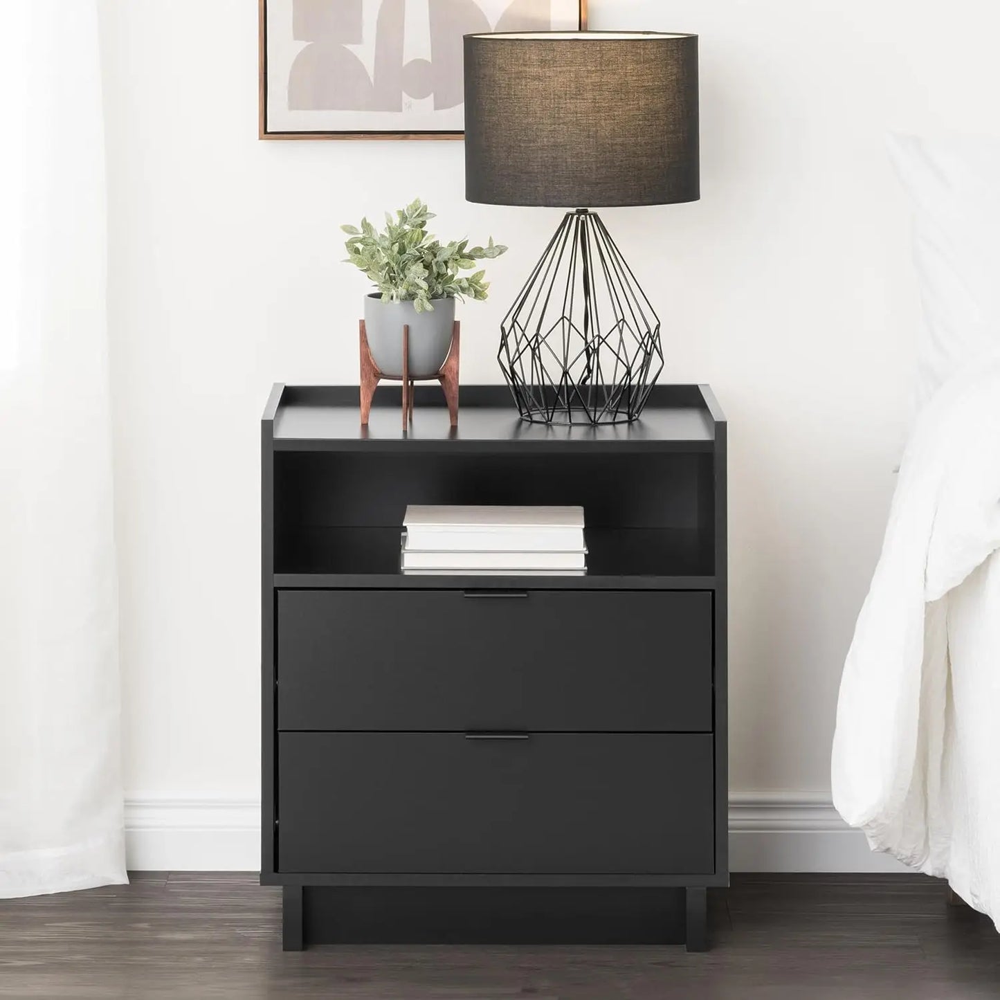 Simply Modern Nightstand Bedside Table with 2 Drawers and Open Shelf