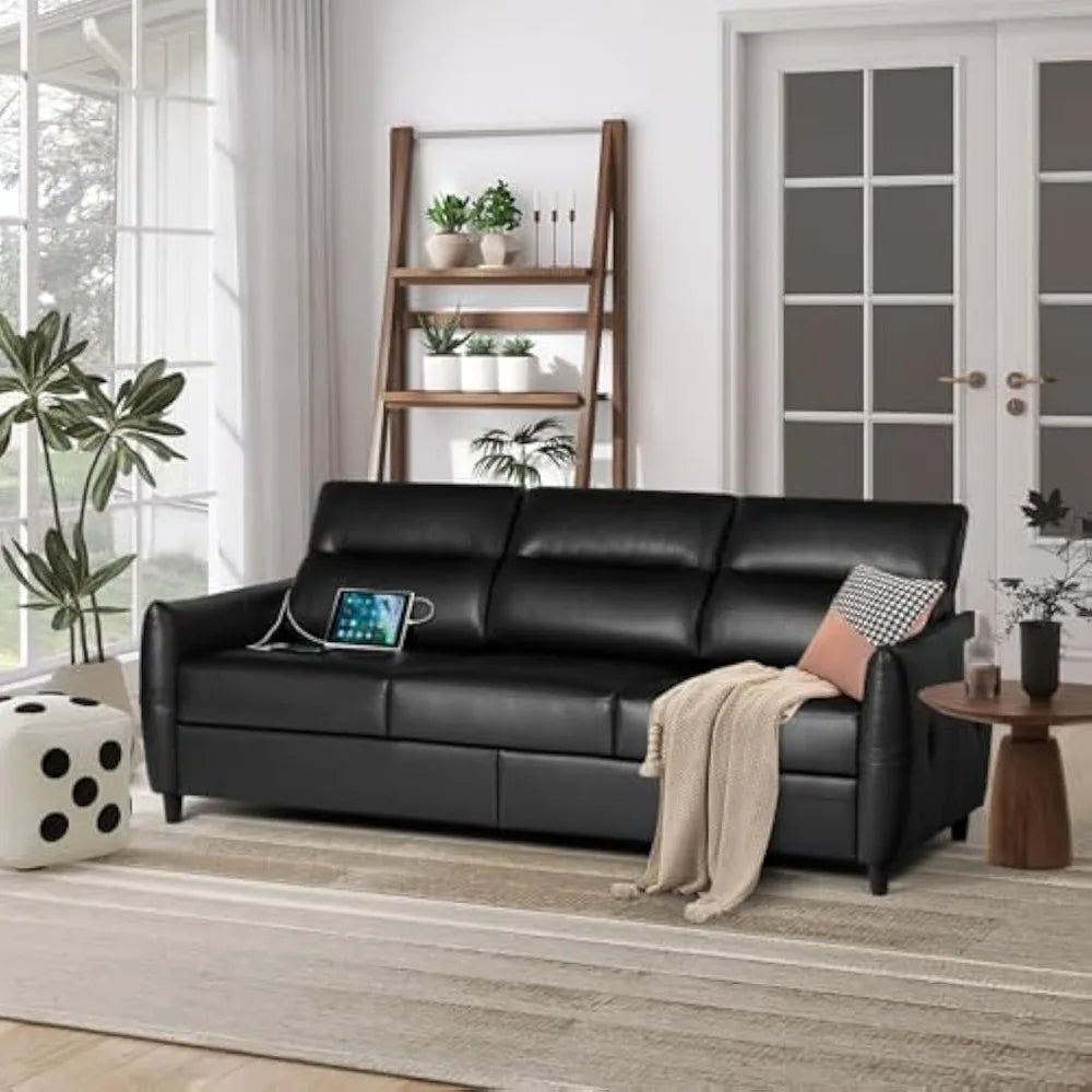85" Faux Leather Sofa Black 3-Seater Couch with USB & Cup Holders, Modern Mid-Century Design