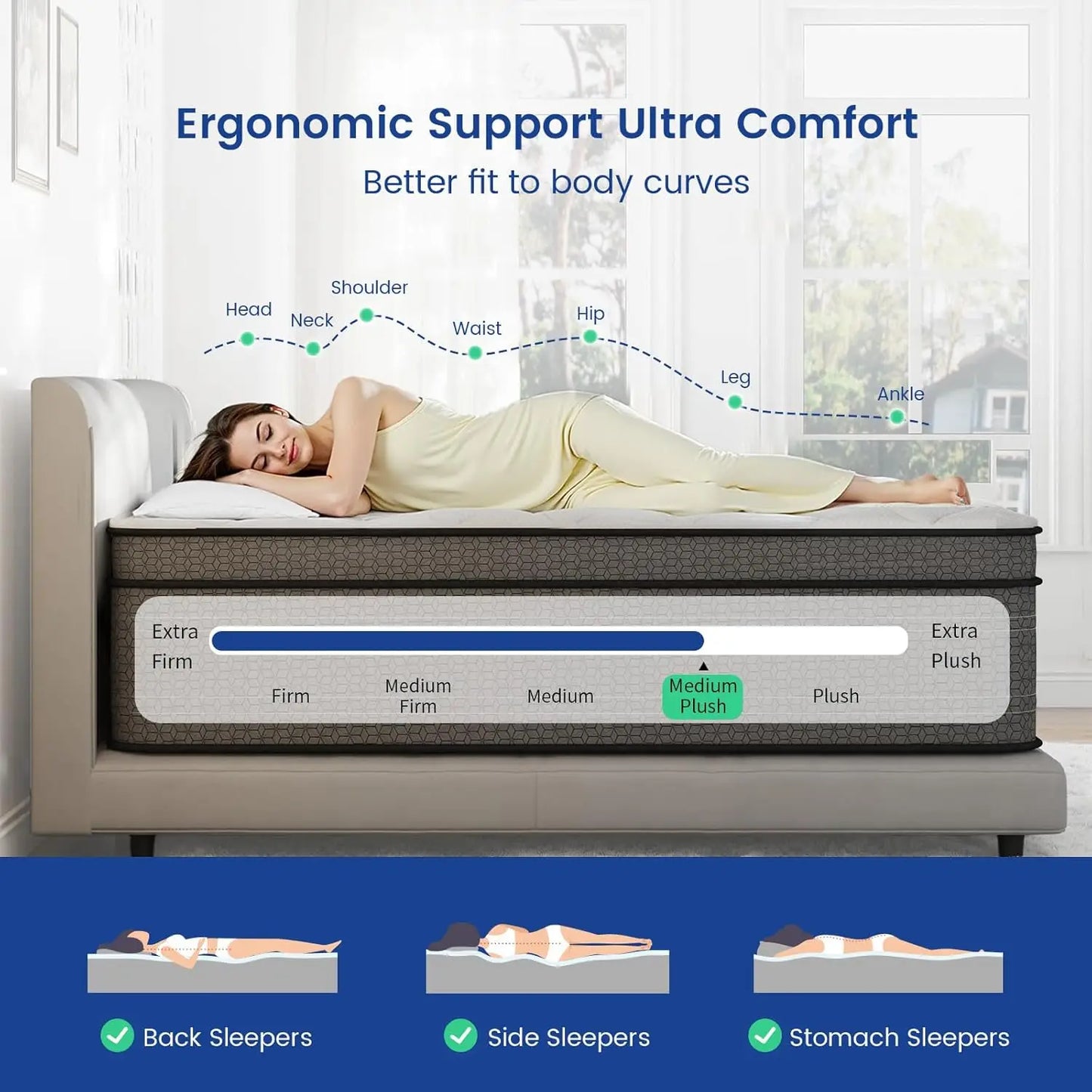 Ljustra 10 Inch Medium Plush Hybrid Queen Mattress Motion Isolation Pressure Relief