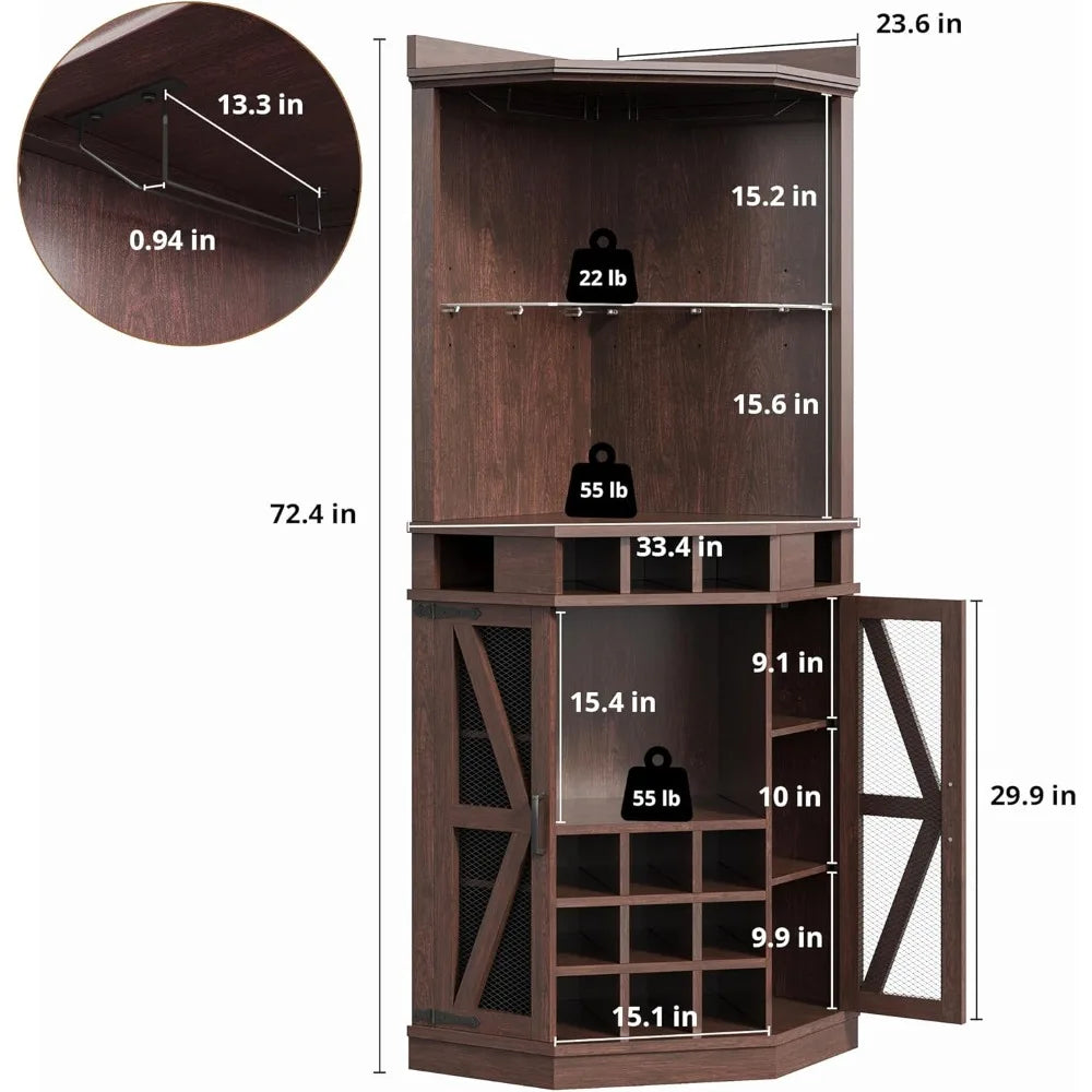 Tall Corner Bar Cabinet with LED Light Tempered Glass Rack Wine Storage