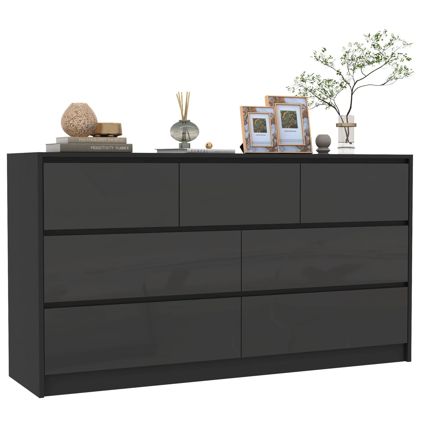 Modern 7 Drawer Dresser Spacious Storage High Gloss Bedroom Furniture