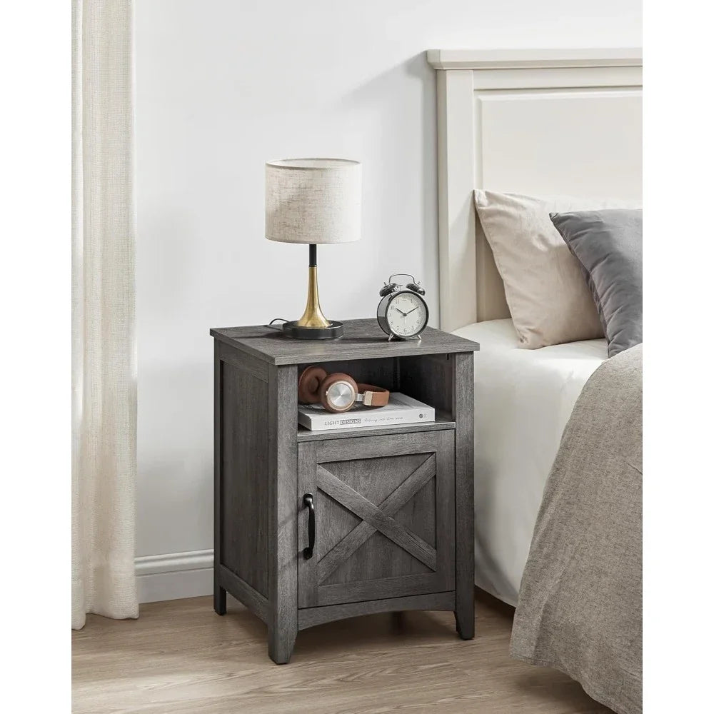 Farmhouse Nightstand Set of 2 with Barn Door Storage Bedside Table