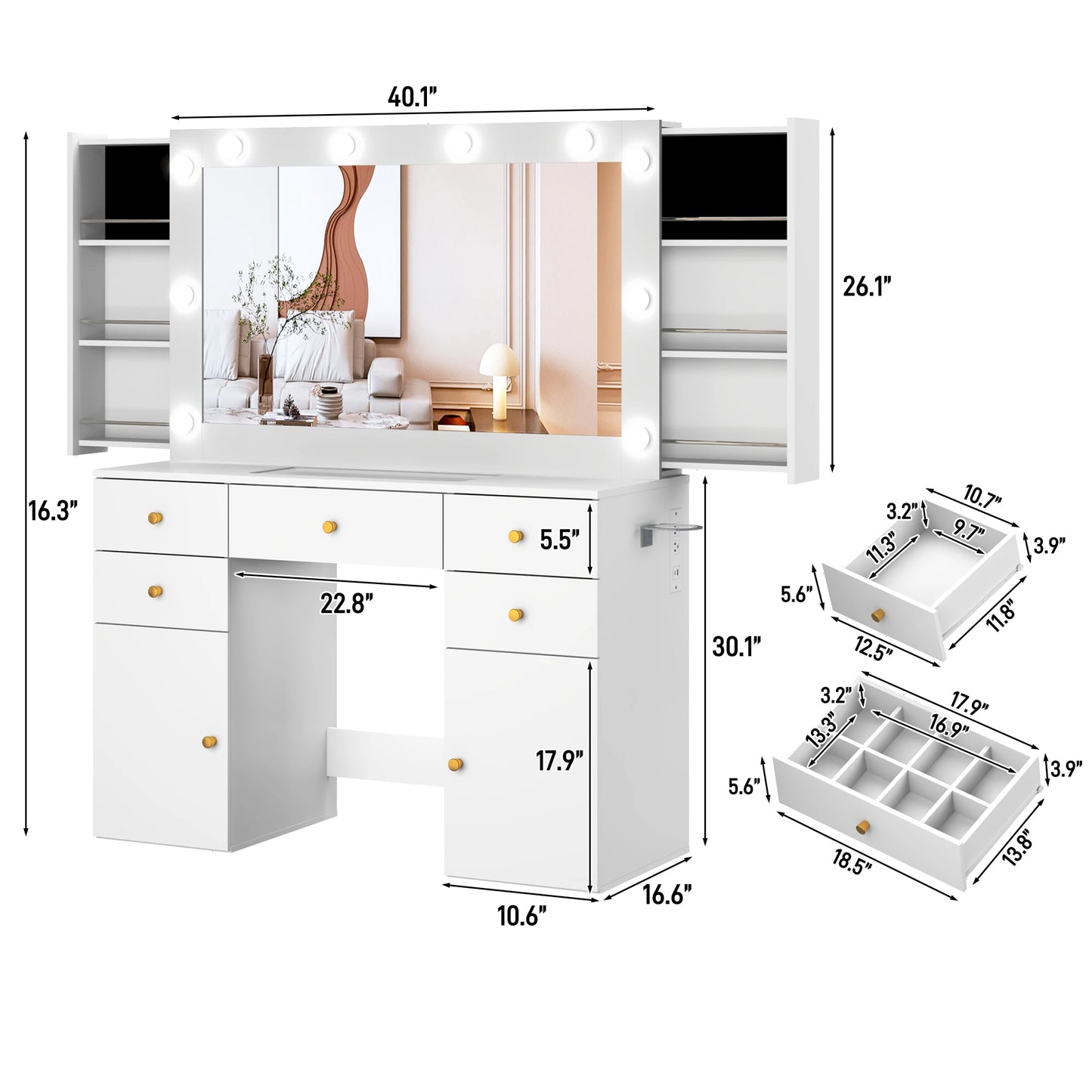 Vanity Desk with Lighted Mirror Charging Station & Storage Set
