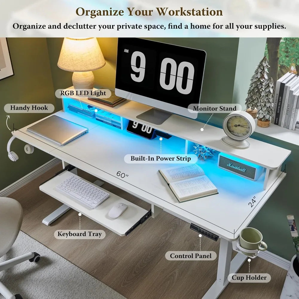 60 Inch Height Adjustable Electric Gaming Desk with RGB LED Lights