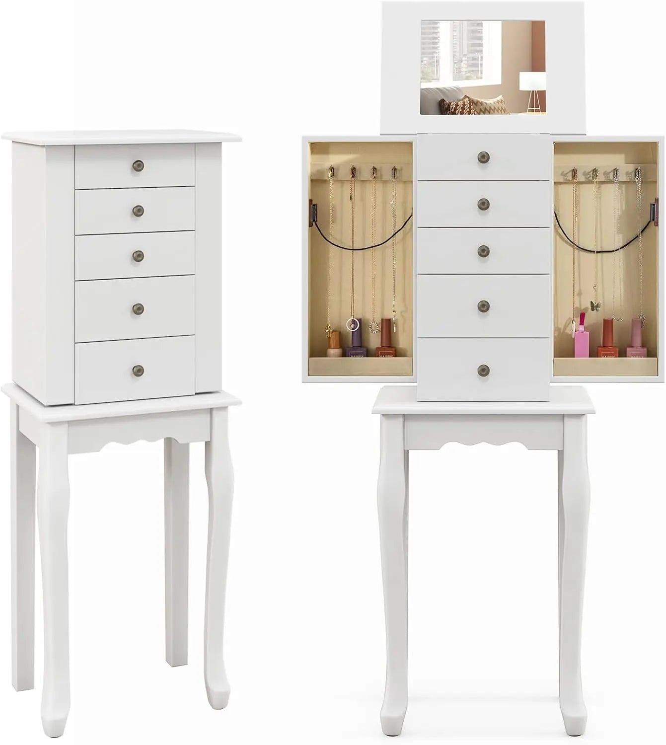 Jewelry Cabinet Armoire Chest with 4 Drawers Flip Top Mirror Hooks