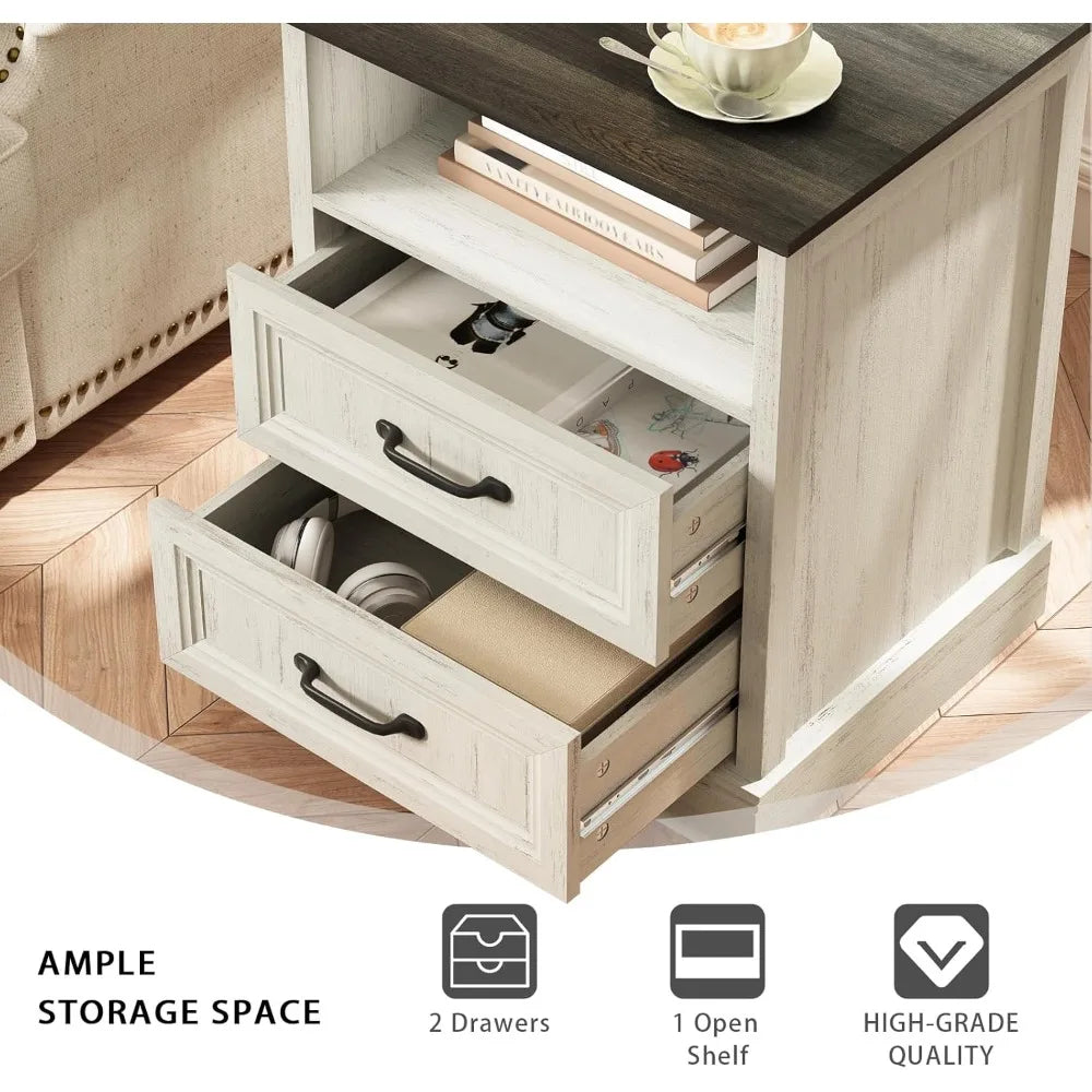20 Inch Farmhouse Nightstand End Table with Drawers and Open Storage