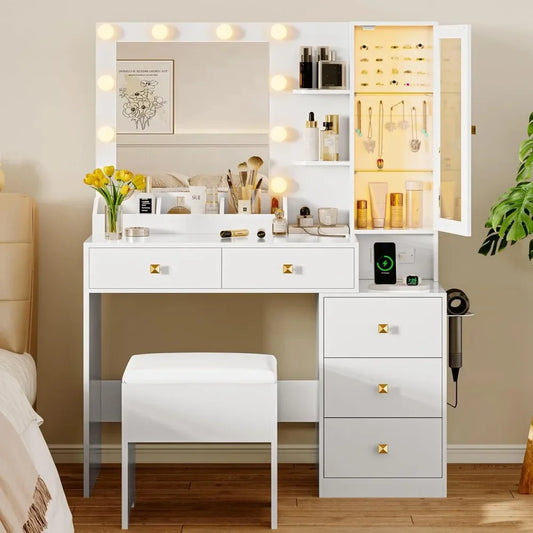 Ljustra Vanity Desk with Mirror and Lights Makeup Table Set with 5 Drawers