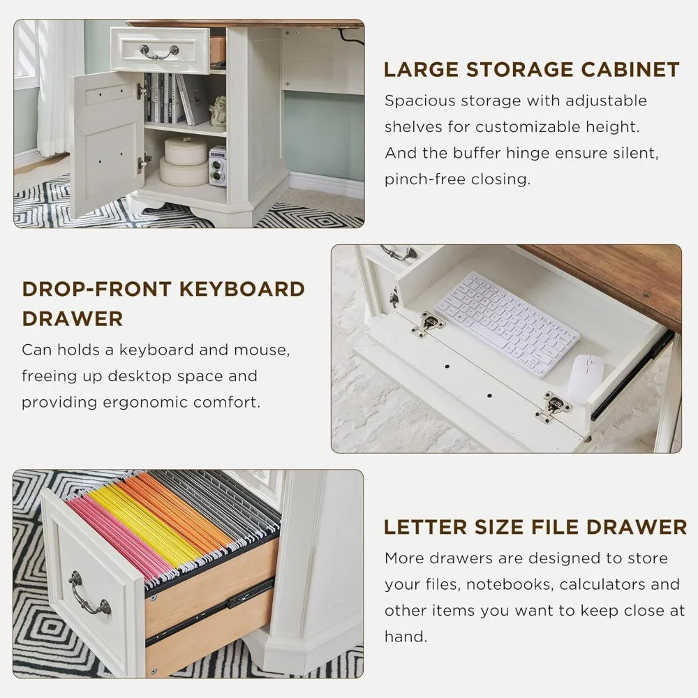 Farmhouse Executive Desk with Hutch Keyboard Tray Charging Station 59"