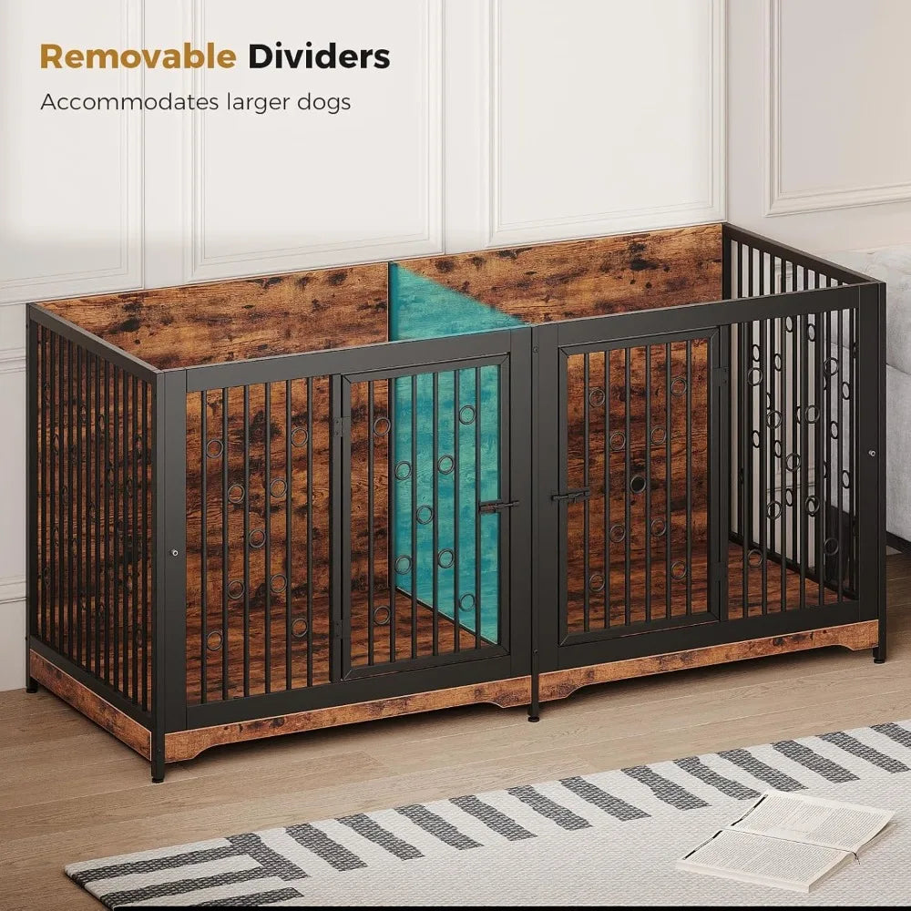 71 Inch Dog Crate Furniture for 2 Dogs XXL Wooden Dog Cage Kennel
