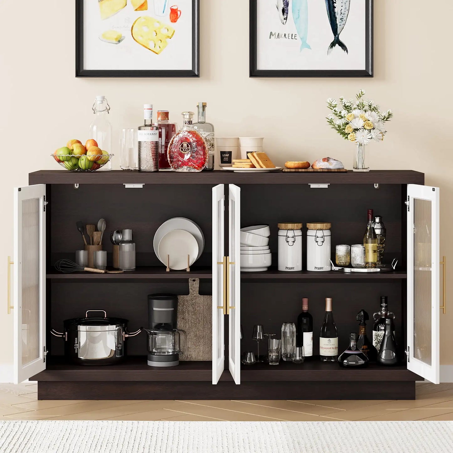 55.1" Modern Sideboard Buffet Fluted Glass Doors Accent Cabinet TV Stand