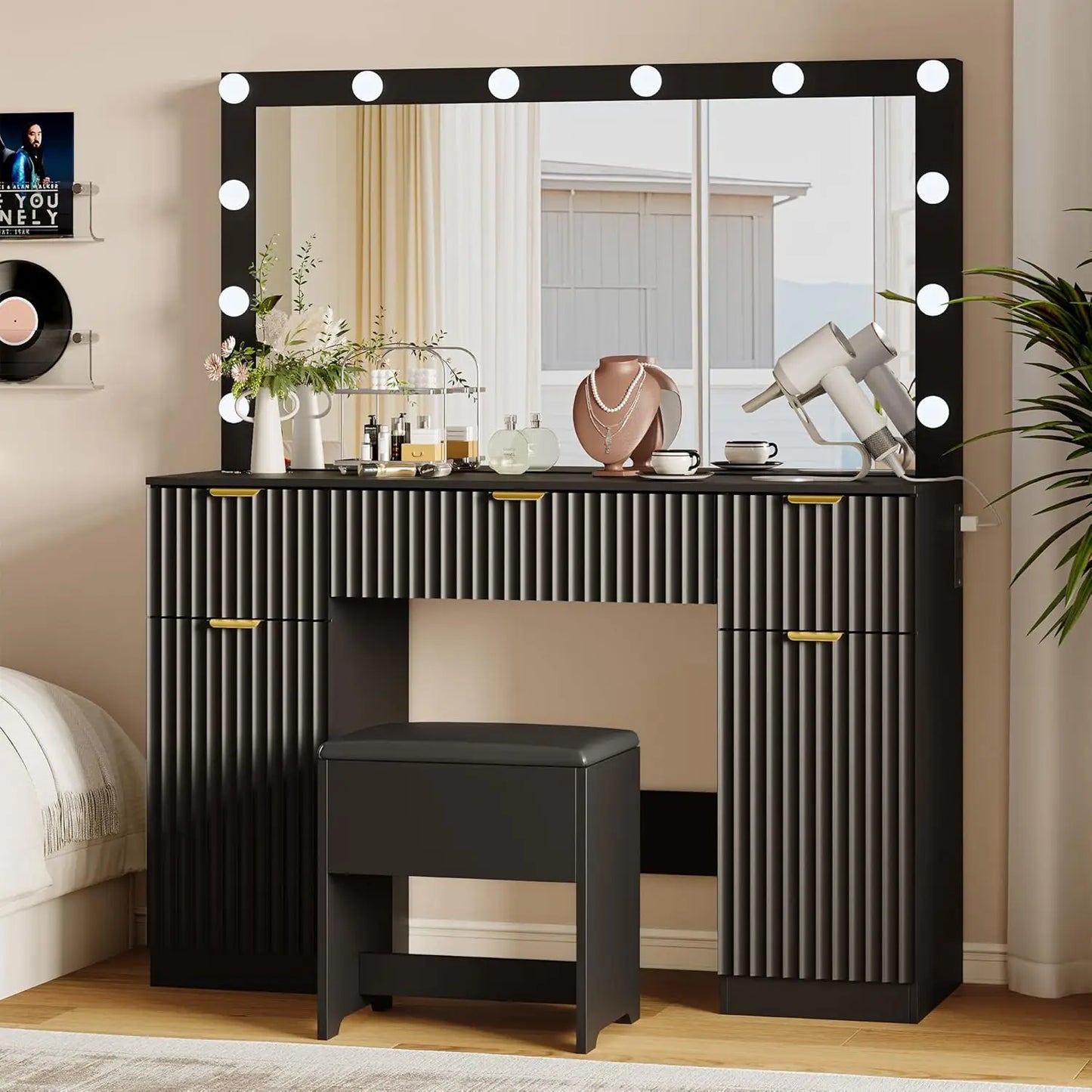 Fluted Vanity Desk with LED Mirror Charging Station 3 Light Modes