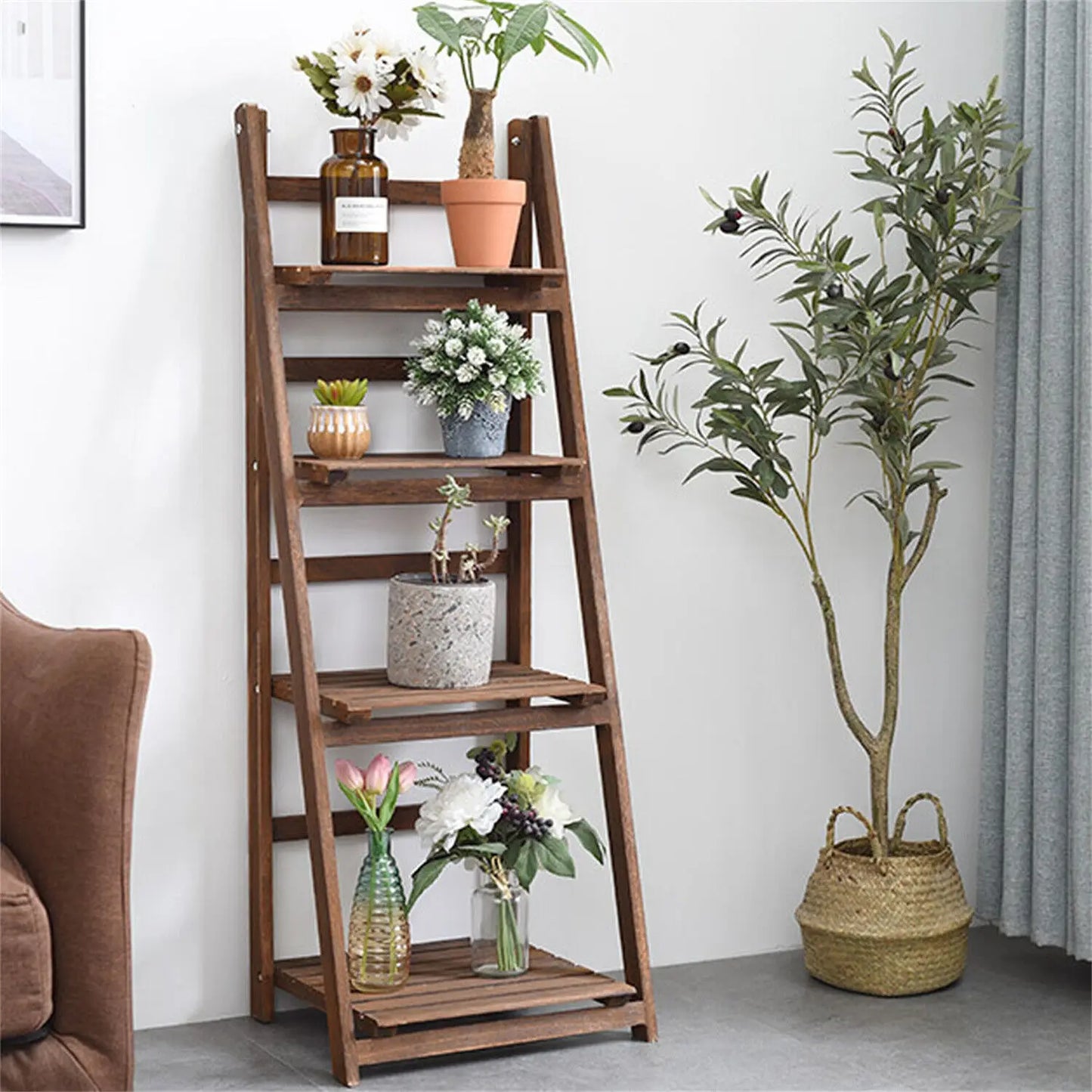 Rustic Wood Plant Stand 43" Foldable 4-Shelf Indoor Outdoor Rack